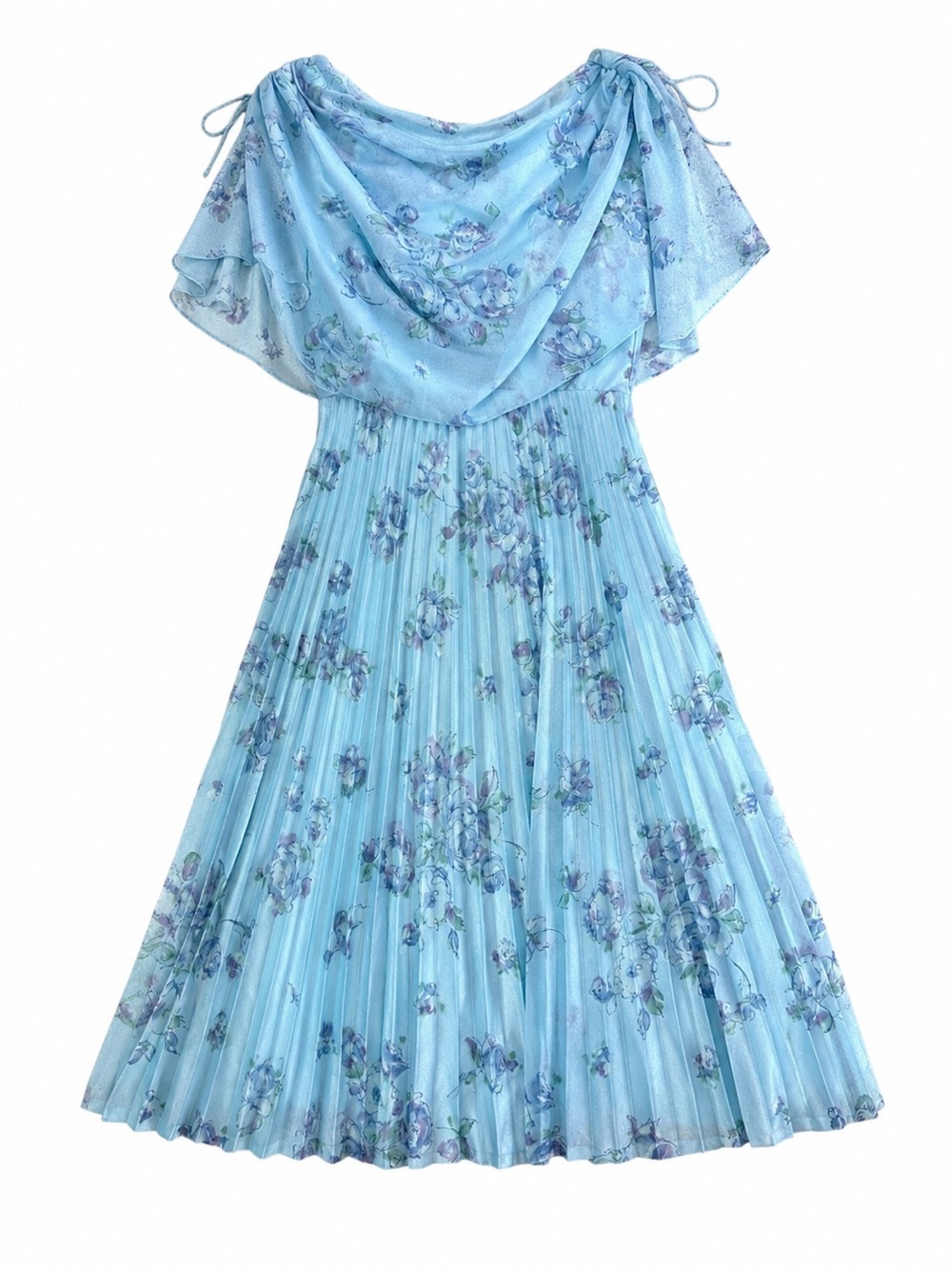 Vintage draped light Blue Floral Pleated Midi Dress